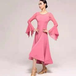 Ballroom Dance Dress Pure Color Splicing Women's Performance Party Long Sleeve Crystal Cotton Mesh