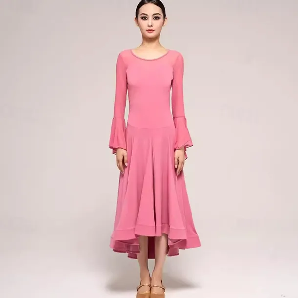 Ballroom Dance Dress Pure Color Splicing Women's Performance Party Long Sleeve Crystal Cotton Mesh