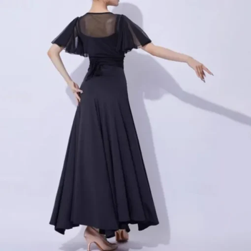 Ballroom Dance Dress Pure Color Splicing Women's Performance Party Short Sleeve Mesh Milk Fiber
