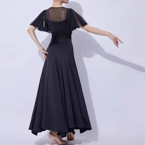 Ballroom Dance Dress Pure Color Splicing Women's Performance Party Short Sleeve Mesh Milk Fiber