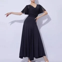Ballroom Dance Dress Pure Color Splicing Women's Performance Party Short Sleeve Mesh Milk Fiber