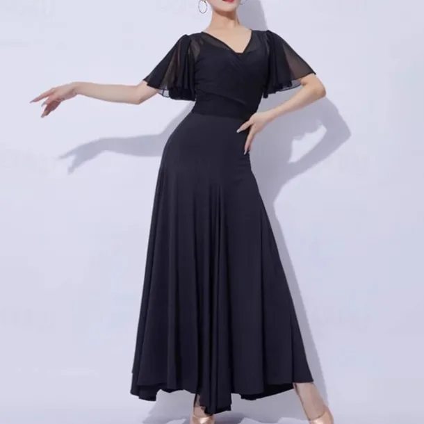 Ballroom Dance Dress Pure Color Splicing Women's Performance Party Short Sleeve Mesh Milk Fiber