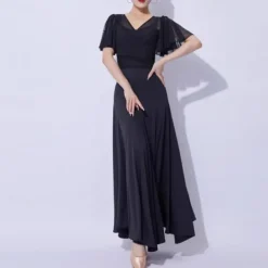 Ballroom Dance Dress Pure Color Splicing Women's Performance Party Short Sleeve Mesh Milk Fiber