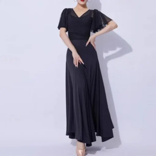 Ballroom Dance Dress Pure Color Splicing Women's Performance Party Short Sleeve Mesh Milk Fiber