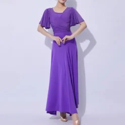 Ballroom Dance Dress Pure Color Splicing Women's Performance Party Short Sleeve Mesh Milk Fiber