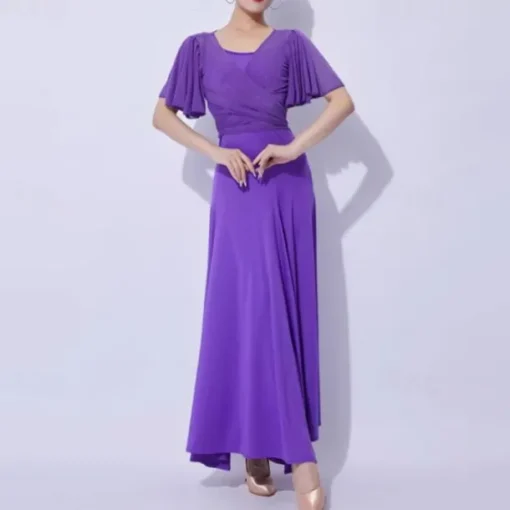 Ballroom Dance Dress Pure Color Splicing Women's Performance Party Short Sleeve Mesh Milk Fiber