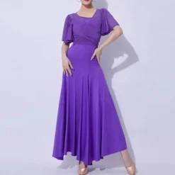 Ballroom Dance Dress Pure Color Splicing Women's Performance Party Short Sleeve Mesh Milk Fiber