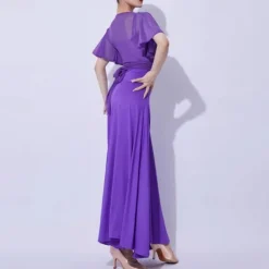 Ballroom Dance Dress Pure Color Splicing Women's Performance Party Short Sleeve Mesh Milk Fiber