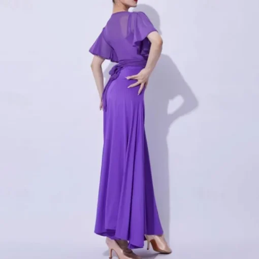 Ballroom Dance Dress Pure Color Splicing Women's Performance Party Short Sleeve Mesh Milk Fiber