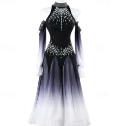 Ballroom Dance Dress Rhinestone Women's Performance Training Long Sleeve High Chiffon Chinlon Tulle