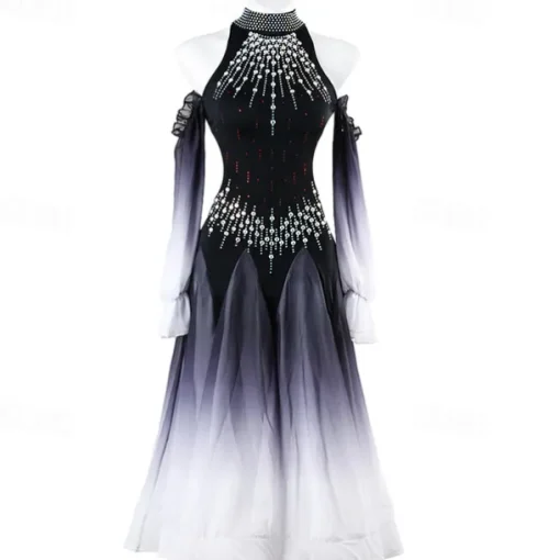 Ballroom Dance Dress Rhinestone Women's Performance Training Long Sleeve High Chiffon Chinlon Tulle
