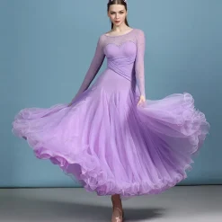 Ballroom Dance Dress Rhinestone Pure Color Women's Performance Training Long Sleeve Polyester