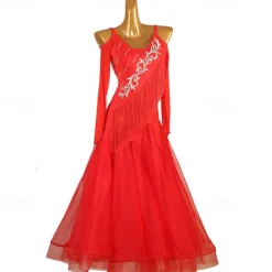 Ballroom Dance Dress Rhinestone Pure Color Women's Performance Training Long Sleeve High Chinlon Organza Tulle