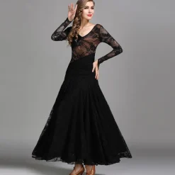Ballroom Dance Dress Ruching Split Joint Women's Performance Training Long Sleeve Natural Lace Milk Fiber