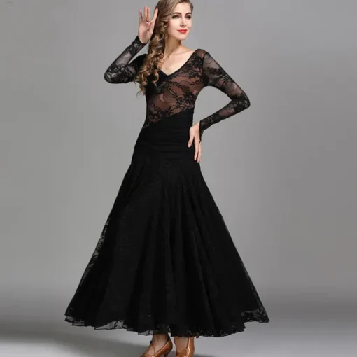 Ballroom Dance Dress Ruching Split Joint Women's Performance Training Long Sleeve Natural Lace Milk Fiber