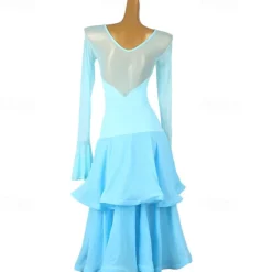 Ballroom Dance Dress Splicing Women's Performance Party Long Sleeve Chiffon Chinlon Mesh