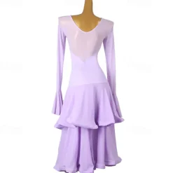 Ballroom Dance Dress Splicing Women's Performance Party Long Sleeve Chiffon Chinlon Mesh
