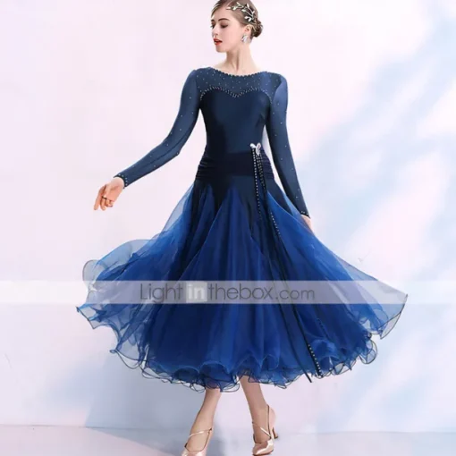 Ballroom Dance Dress Split Joint Crystals / Rhinestones Women's Training Performance Long Sleeve Spandex Organza Polyster