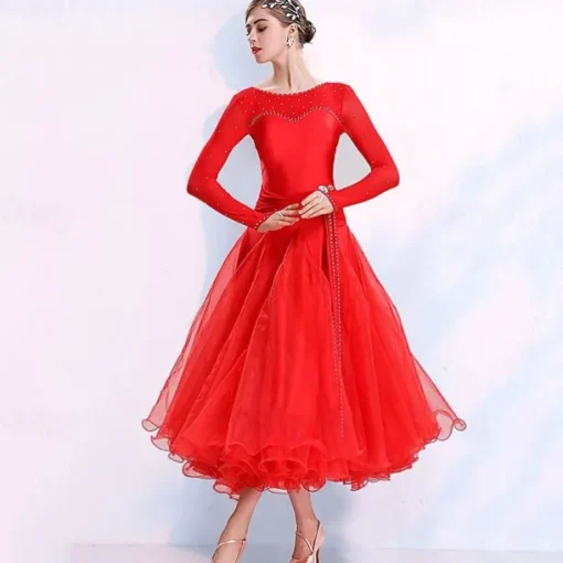 Ballroom Dance Dress Split Joint Crystals / Rhinestones Women's Training Performance Long Sleeve Spandex Organza Polyster