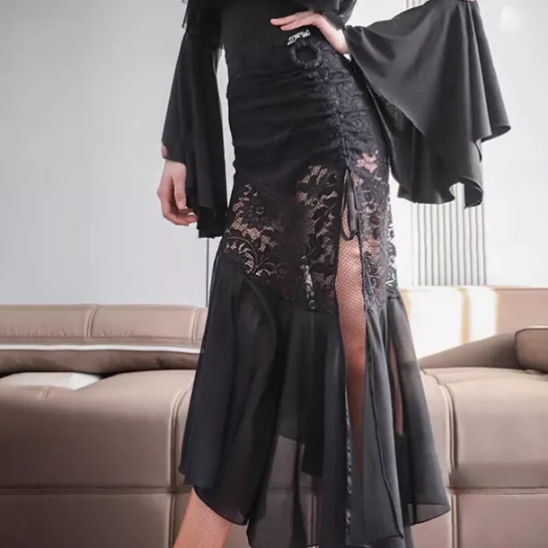 Ballroom Dance Skirts Lace Ruffle Splicing Women's Performance Training Chiffon Crystal Cotton