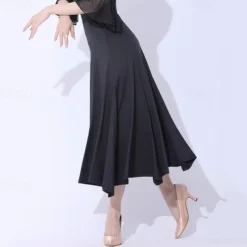 Ballroom Dance Skirts Pleats Pure Color Splicing Women's Performance Training Milk Fiber
