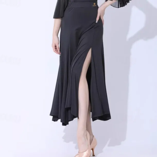 Ballroom Dance Skirts Pleats Pure Color Splicing Women's Performance Training Milk Fiber