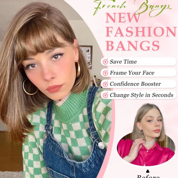 Bangs Hair Clip in Bangs, Fake Bangs Hair Clip French Bangs Hair Clip on Bangs For Women Clip Faux Bangs Fringe With Temples Hairpieces Curved Bangs For Daily Wear