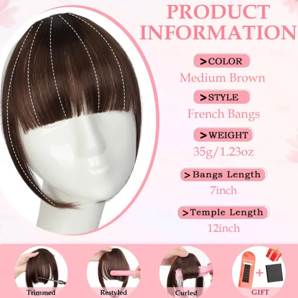 Bangs Hair Clip in Bangs, Fake Bangs Hair Clip French Bangs Hair Clip on Bangs For Women Clip Faux Bangs Fringe With Temples Hairpieces Curved Bangs For Daily Wear