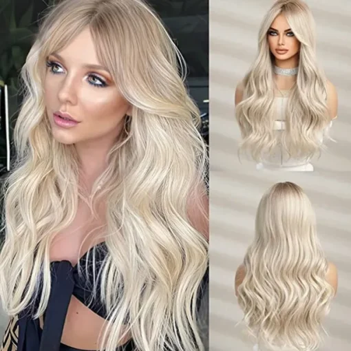 Barbiecore Movie Wigs Long Blonde Wigs with Bangs for WomenSynthetic Wavy Hair Wig with Dark Roots