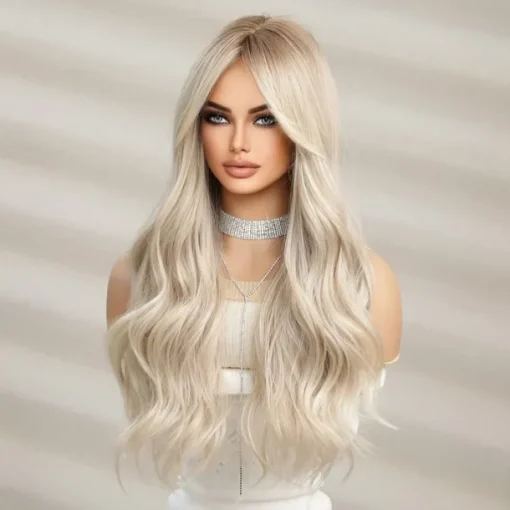 Barbiecore Movie Wigs Long Blonde Wigs with Bangs for WomenSynthetic Wavy Hair Wig with Dark Roots