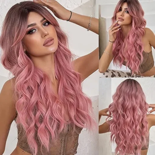 Barbiecore Movie Wigs Long Blonde Wigs with Bangs for WomenSynthetic Wavy Hair Wig with Dark Roots