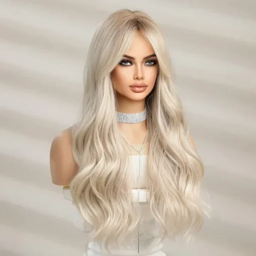 Barbiecore Movie Wigs Long Blonde Wigs with Bangs for WomenSynthetic Wavy Hair Wig with Dark Roots
