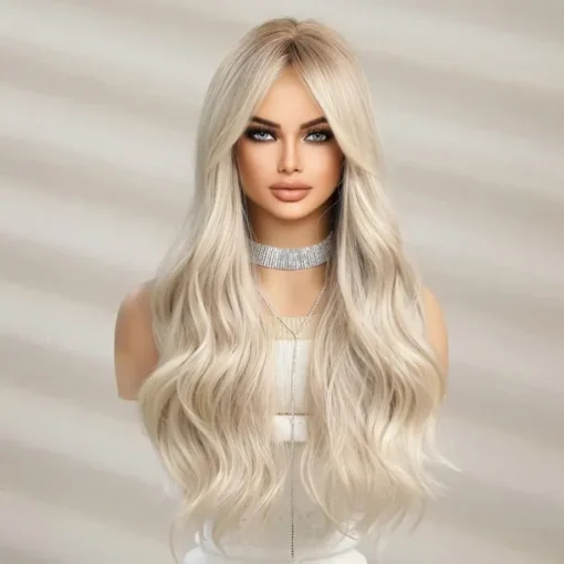 Barbiecore Movie Wigs Long Blonde Wigs with Bangs for WomenSynthetic Wavy Hair Wig with Dark Roots