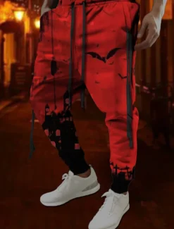 Bat Gothic Halloween Men's 3D Print Sweatpants Pants Trousers Halloween Halloween Polyester Red Orange Green S M L Mid Waist Elasticity Pants