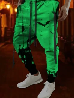 Bat Gothic Halloween Men's 3D Print Sweatpants Pants Trousers Halloween Halloween Polyester Red Orange Green S M L Mid Waist Elasticity Pants