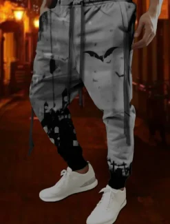 Bat Gothic Halloween Men's 3D Print Sweatpants Pants Trousers Halloween Halloween Polyester Red Orange Green S M L Mid Waist Elasticity Pants