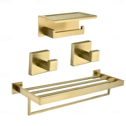 Bathroom Accessory Set,Brushed Golden Stainless Steel Wall Mounted Hardware Sets,Includeing 2 Robe Hooks, 1 Toilet Paper Holder,1 Towel Rack