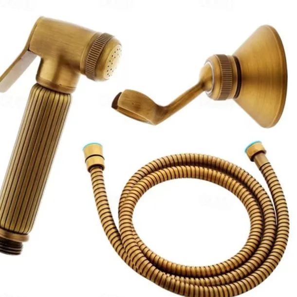 Bathroom Handheld Shower Bidet Shattaf Sprayer Set Wall Mount, Brass Gold Toilet Hand Held Bidet Shower Spray Wall Bracket Hose Diaper Cleaning