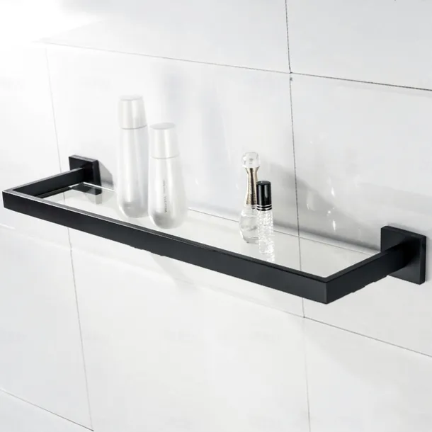Bathroom Shelves Bathroom Tempered Glass Shelf, Sainless Steel Shower Wall Shelves No Drilling Towel Racks Rectangular 1 Tier Wall Mounted Mirror Front Shelf