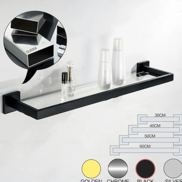 Bathroom Shelves Bathroom Tempered Glass Shelf, Sainless Steel Shower Wall Shelves No Drilling Towel Racks Rectangular 1 Tier Wall Mounted Mirror Front Shelf