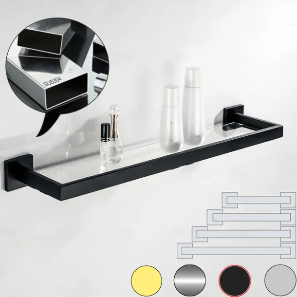 Bathroom Shelves Bathroom Tempered Glass Shelf, Sainless Steel Shower Wall Shelves No Drilling Towel Racks Rectangular 1 Tier Wall Mounted Mirror Front Shelf