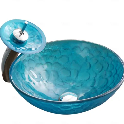 Bathroom Sink / Bathroom Faucet / Bathroom Mounting Ring Vanity Wash Basin - Tempered Glass Round Vessel Sink