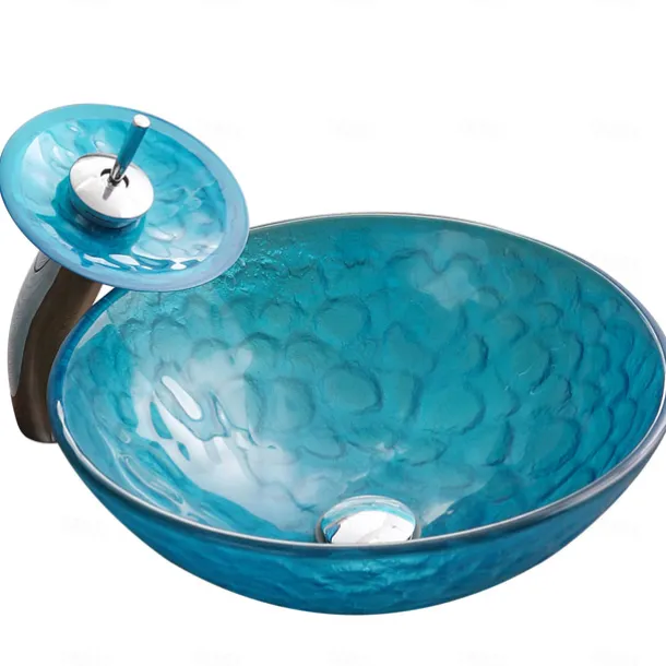 Bathroom Sink / Bathroom Faucet / Bathroom Mounting Ring Vanity Wash Basin - Tempered Glass Round Vessel Sink