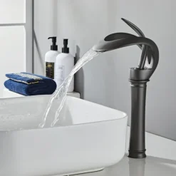 Bathroom Sink Faucet Waterfall Spout, Brass Mixer Basin Taps, Single Handle One Hole Bath Taps Painted Finishes Tall Body Modern Style