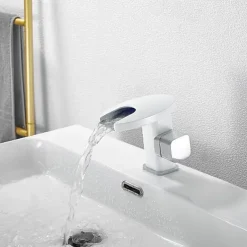 Bathroom Sink Faucet,LED Waterfall Temperature Controlled 3-Colors Electroplated Centerset Single Handle One Hole Bath Taps