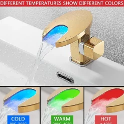 Bathroom Sink Faucet,LED Waterfall Temperature Controlled 3-Colors Electroplated Centerset Single Handle One Hole Bath Taps