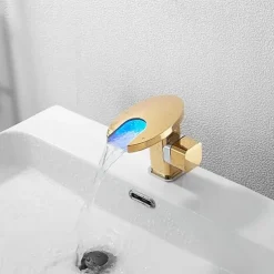 Bathroom Sink Faucet,LED Waterfall Temperature Controlled 3-Colors Electroplated Centerset Single Handle One Hole Bath Taps