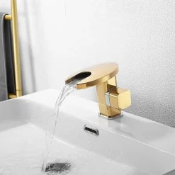 Bathroom Sink Faucet,LED Waterfall Temperature Controlled 3-Colors Electroplated Centerset Single Handle One Hole Bath Taps