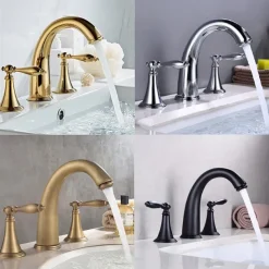 Bathroom Sink Faucet,Widespread Brass Two Handles Three Holes Bathroom Faucet with Valve and Hot/Cold Switch