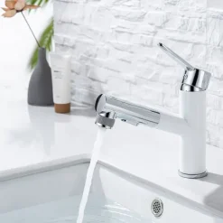 Bathroom Sink Mixer Faucet Pull Out Sprayer 2 Mode Spout with Stop Button, Single Handle Washroom Basin Taps Mono with Cold and Hot Hose Chrome Black Golden